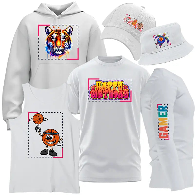 A collection of white apparel and headwear showcasing various vibrant DTF (Direct to Film) transfers. The display includes a hoodie with a colorful tiger head, a t-shirt with a "Happy Birthday" bubble-letter design, a tank top featuring a cartoon basketball character, and a long-sleeve shirt with "GAMER" printed on the sleeve. Also shown are a baseball cap and bucket hat with small, detailed colorful graphics, demonstrating high-quality print precision on multiple fabric types.
