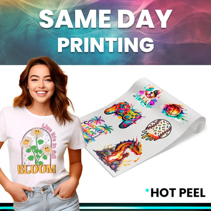 A woman wears a t-shirt with a custom floral DTF print, next to a roll of various designs. This image advertises our same day printing service in Miami, using hot peel film for fast and easy application.