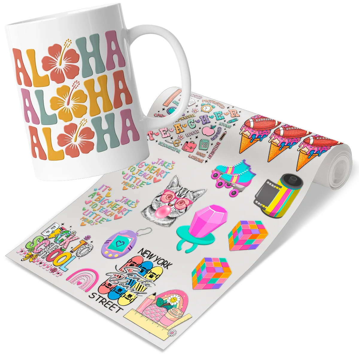 Custom DTF UV transfers with a colorful 'ALOHA' mug design and a variety of nostalgic graphics like roller skates, cassette tapes, and geometric shapes. High-quality UV printing for creating unique personalized gifts and merchandise in Miami, Florida.