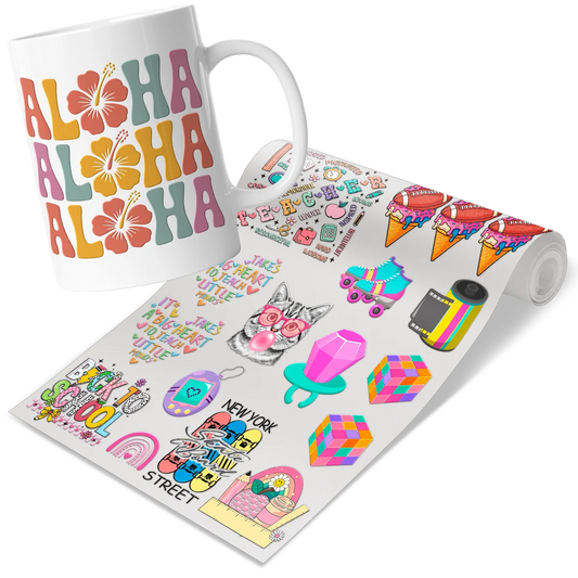 Custom DTF UV transfers with a colorful 'ALOHA' mug design and a variety of nostalgic graphics like roller skates, cassette tapes, and geometric shapes. High-quality UV printing for creating unique personalized gifts and merchandise in Miami, Florida.